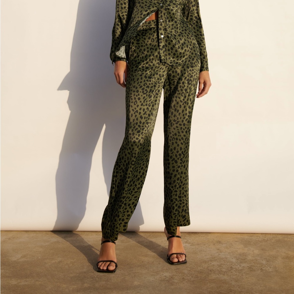 Green cheetah print satin pants